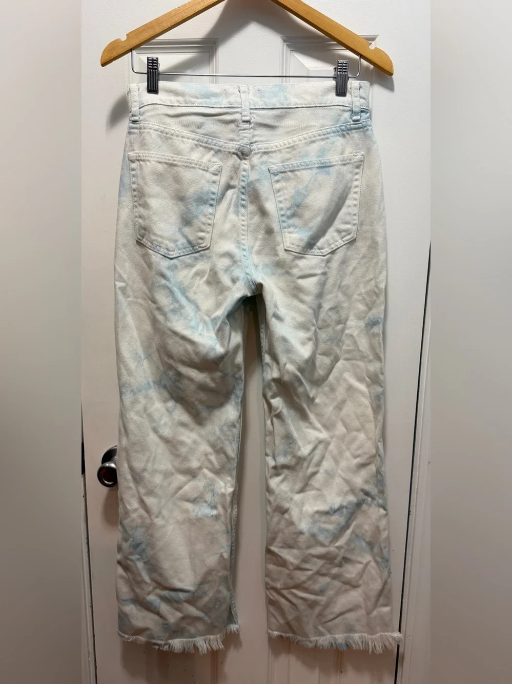 Reformation Fawcett High Rise Straight Raw Hem White Wash Tie-Dye Jeans Sz 28